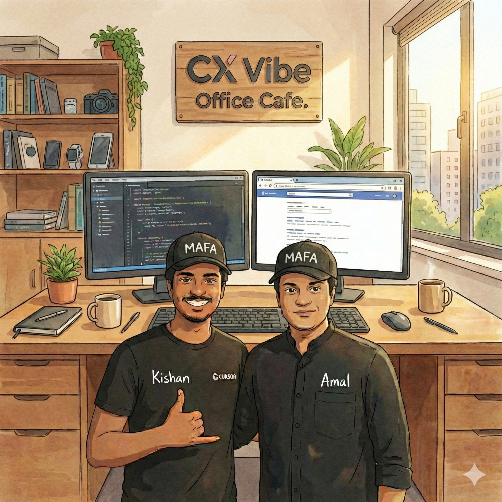 Kishan and Amal - founders of CX Vibe Cafe, rocking their MAFA caps